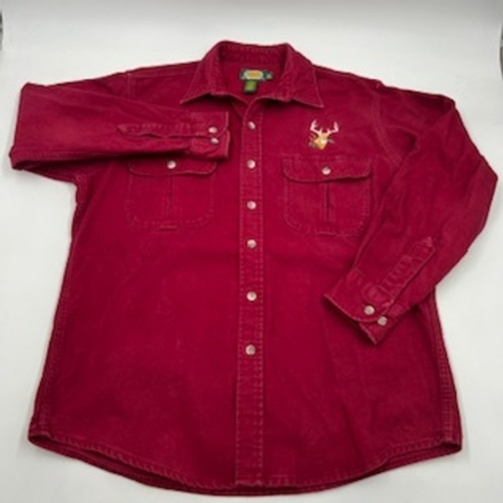 Cabelas Mens L Redโ Cotton Canvas Embroidered Deer Long Sleeve Button Down Shirt